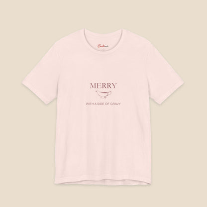 Merry With a Side of Gravy original gravy boat graphic on the Soft Pink Bella+Canvas3001 unisex tee; front colour preview.