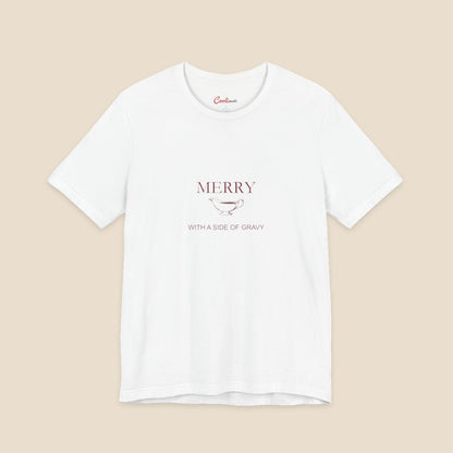 Merry With a Side of Gravy original gravy boat graphic on the White Bella+Canvas3001 unisex tee; front colour preview.
