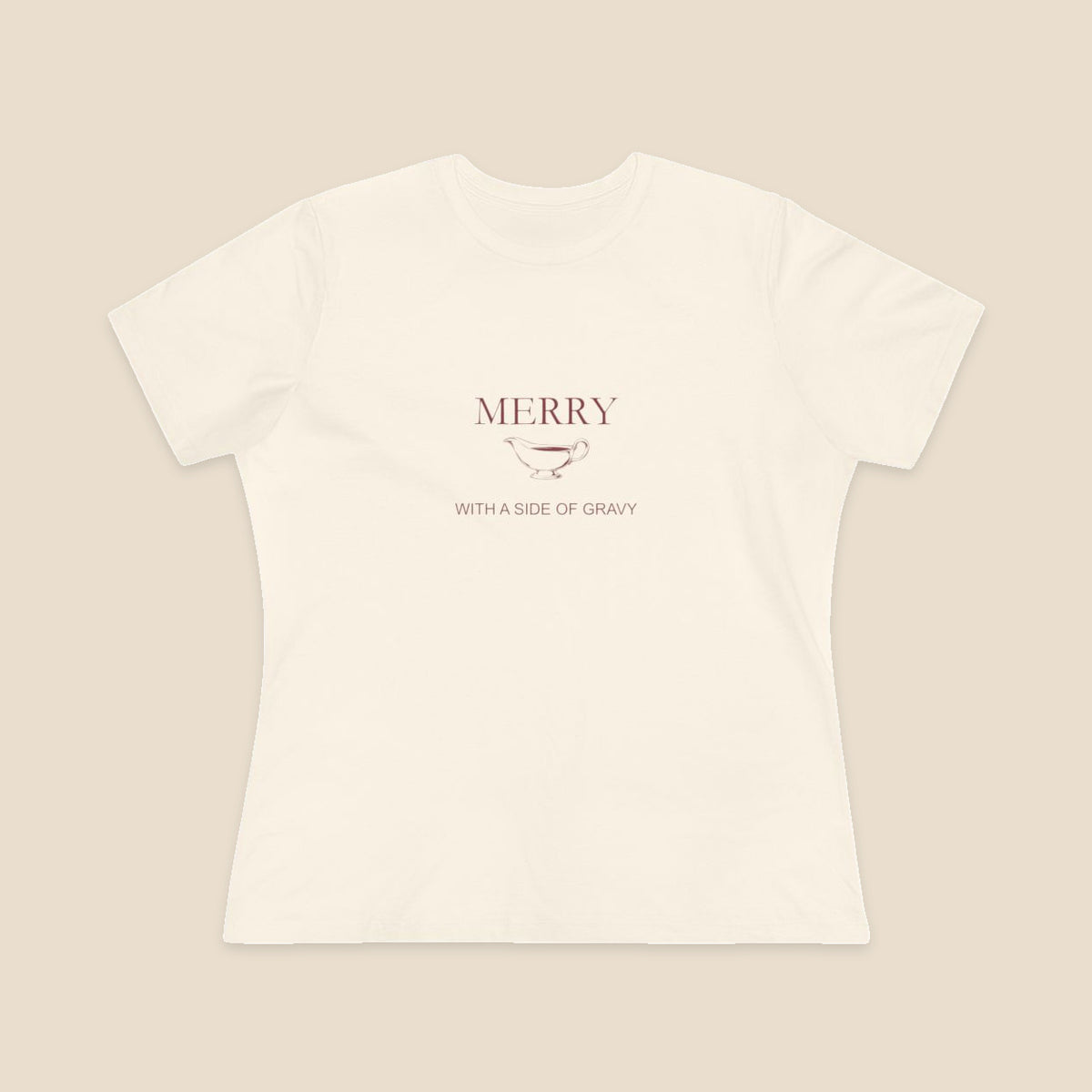 Merry With a Side of Gravy original gravy boat graphic on the Natural Bella+Canvas6400 women’s relaxed-fit tee; front colour preview.