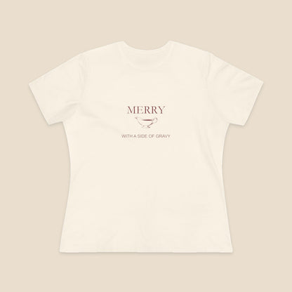 Merry With a Side of Gravy original gravy boat graphic on the Natural Bella+Canvas6400 women’s relaxed-fit tee; front colour preview.