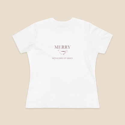 Merry With a Side of Gravy original gravy boat graphic on the White Bella+Canvas6400 women’s relaxed-fit tee; front colour preview.