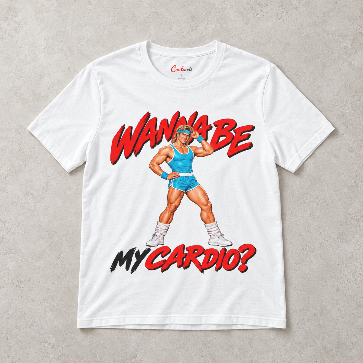 White Wanna Be My Cardio Bella+Canvas 3001 tee, overhead flat lay showing the retro male aerobics graphic.
