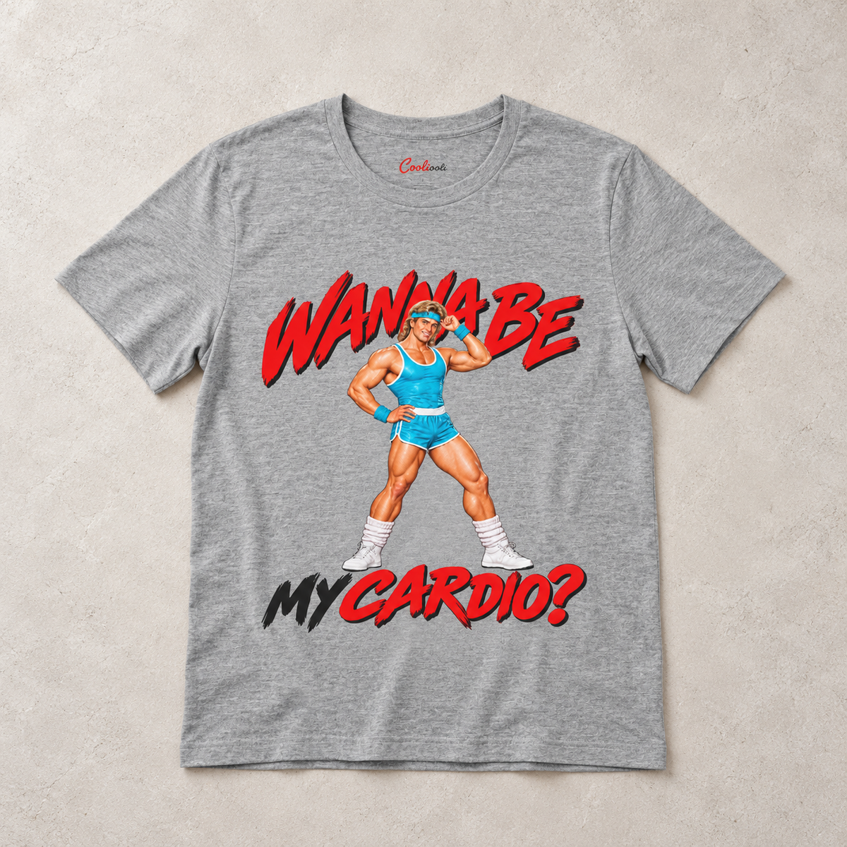 Athletic Heather Wanna Be My Cardio Bella+Canvas 3001 tee, overhead flat lay showing the retro male aerobics graphic.