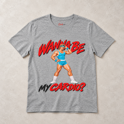 Athletic Heather Wanna Be My Cardio Bella+Canvas 3001 tee, overhead flat lay showing the retro male aerobics graphic.