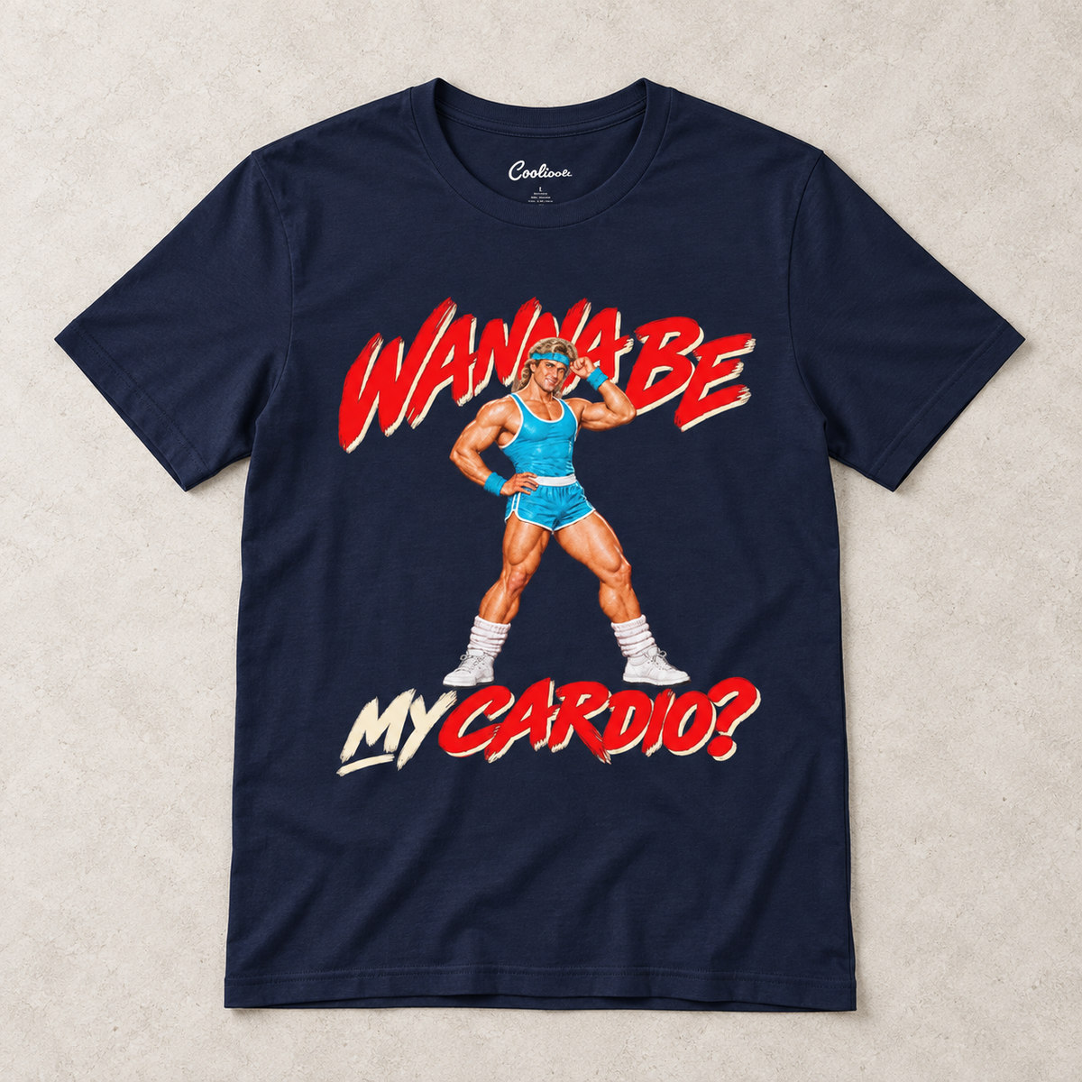 Navy Wanna Be My Cardio Bella+Canvas 3001 tee, overhead flat lay showing the retro male aerobics graphic.