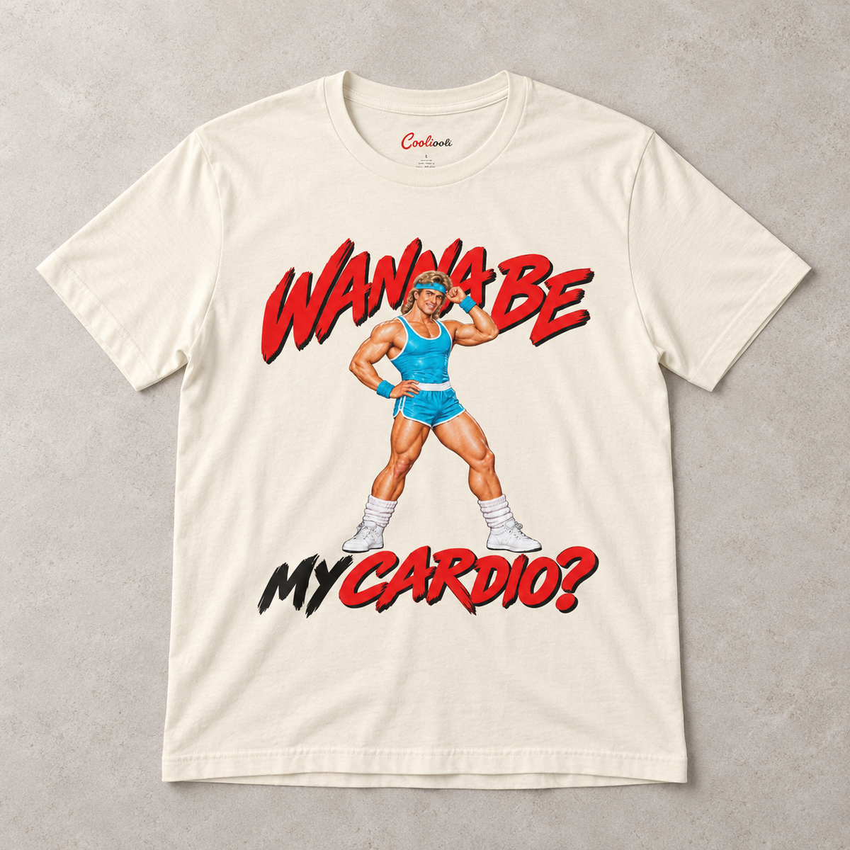 Natural Wanna Be My Cardio Bella+Canvas 3001 tee, overhead flat lay showing the retro male aerobics graphic.