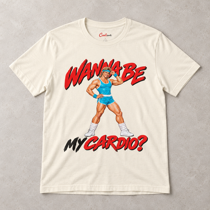 Natural Wanna Be My Cardio Bella+Canvas 3001 tee, overhead flat lay showing the retro male aerobics graphic.