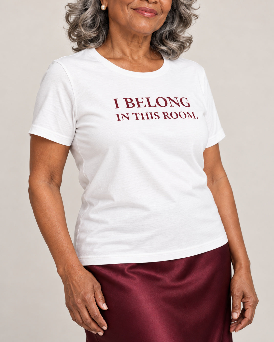 Matching collar-to-hip detail of White Bella+Canvas3001, showing the exact I BELONG IN THIS ROOM. print and jersey.