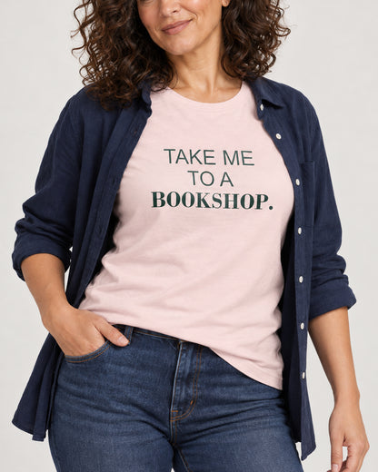Matching collar-to-hip detail of Soft Pink Bella+Canvas3001, showing the exact TAKE ME TO A BOOKSHOP. print and jersey.