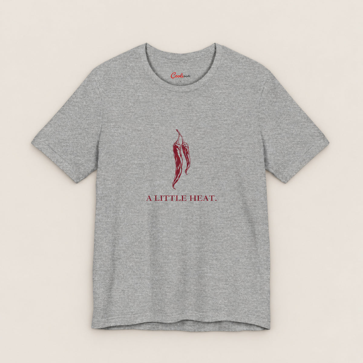 A LITTLE HEAT. Bella+Canvas3001 T-shirt in Athletic Heather, front flat lay.