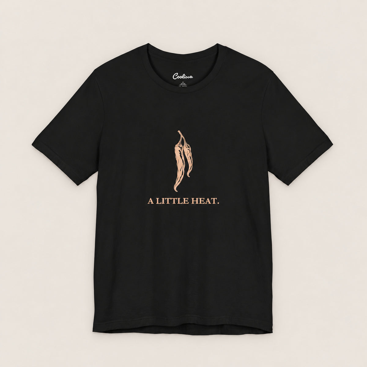 A LITTLE HEAT. Bella+Canvas3001 T-shirt in Black, front flat lay.