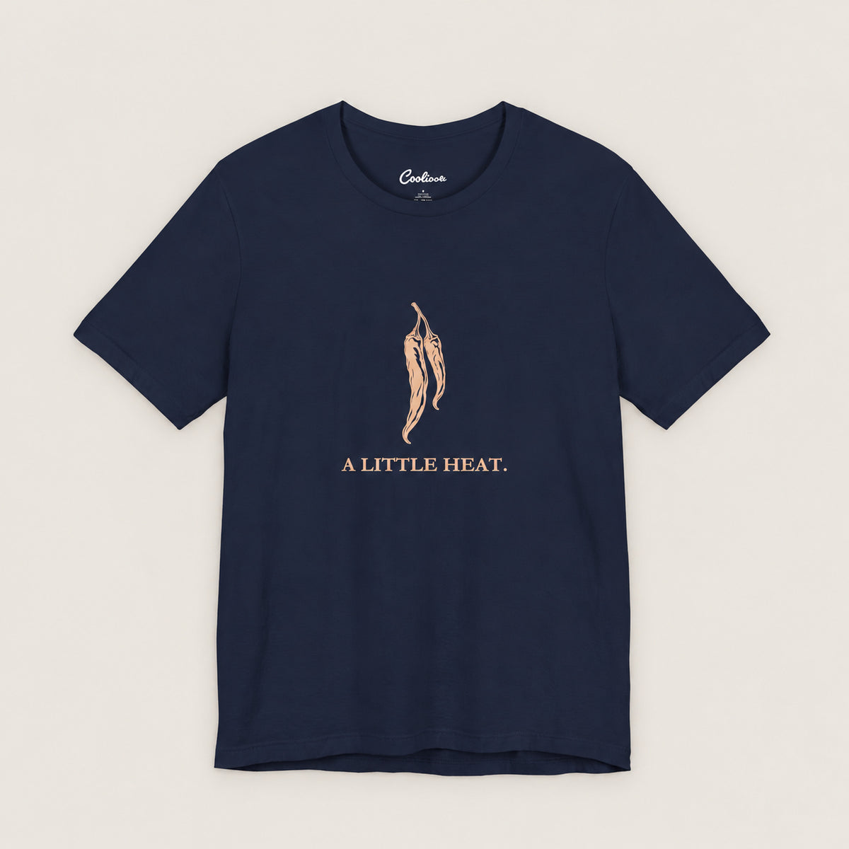 A LITTLE HEAT. Bella+Canvas3001 T-shirt in Navy, front flat lay.
