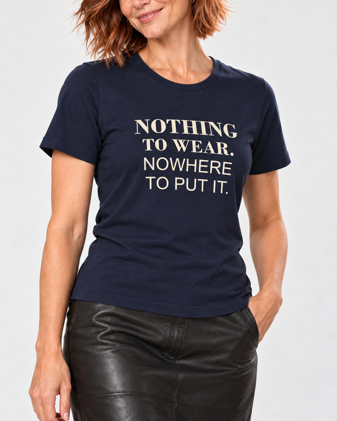 Matching collar-to-hip detail of Navy Bella+Canvas3001, showing the exact NOTHING TO WEAR. NOWHERE TO PUT IT. print and jersey.