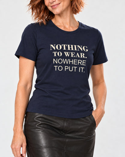 Matching collar-to-hip detail of Navy Bella+Canvas3001, showing the exact NOTHING TO WEAR. NOWHERE TO PUT IT. print and jersey.
