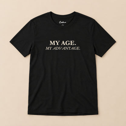 Black My Age My Advantage Bella+Canvas 3001 tee, full flat lay