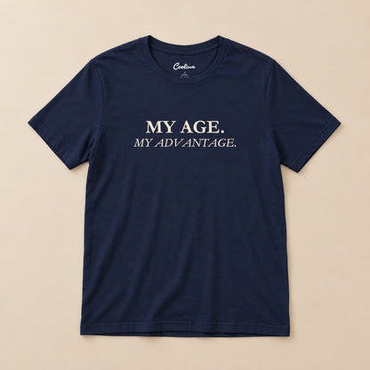 Navy My Age My Advantage Bella+Canvas 3001 tee, full flat lay