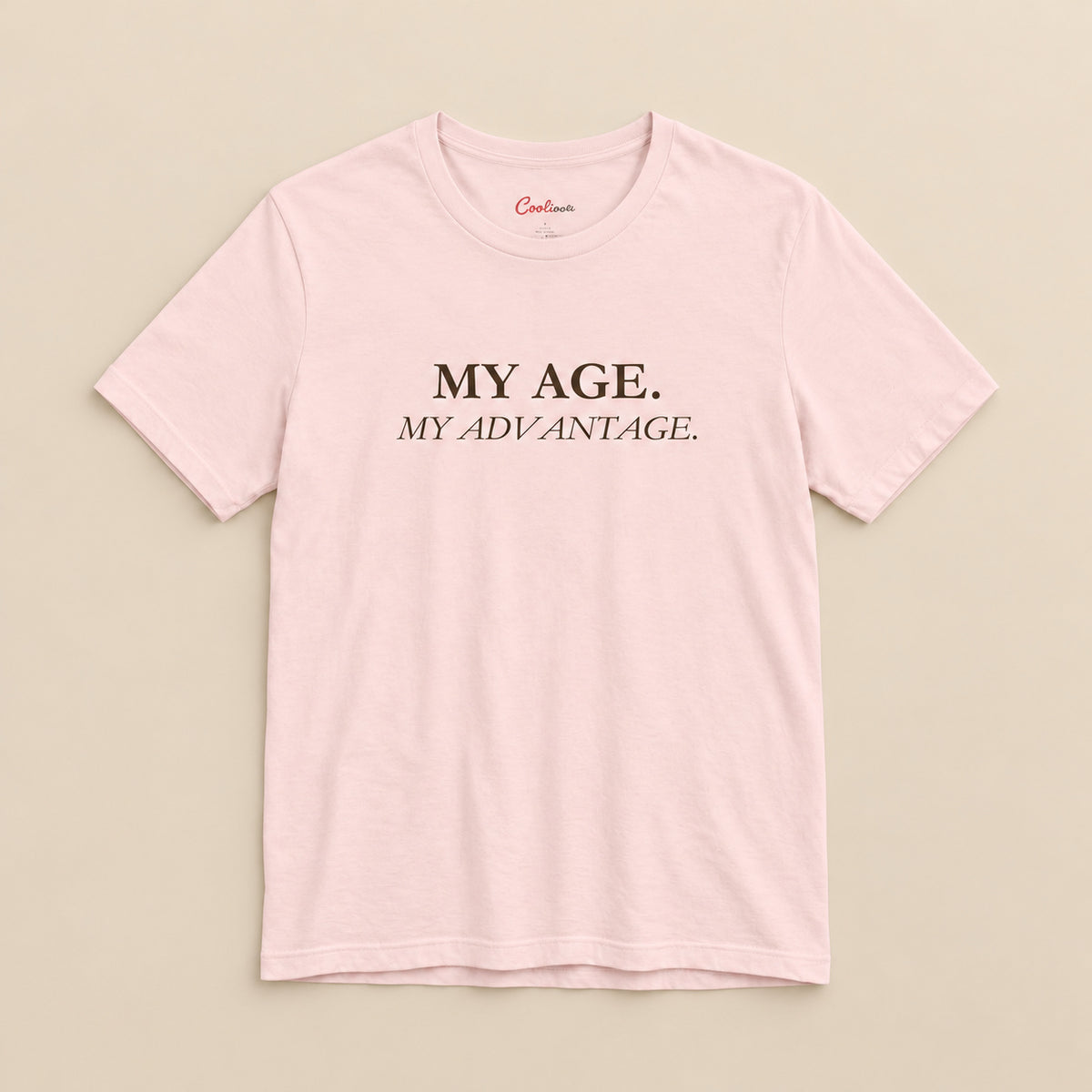 Soft Pink My Age My Advantage Bella+Canvas 3001 tee, full flat lay