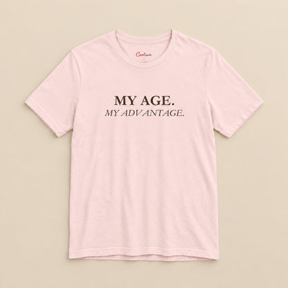 Soft Pink My Age My Advantage Bella+Canvas 3001 tee, full flat lay