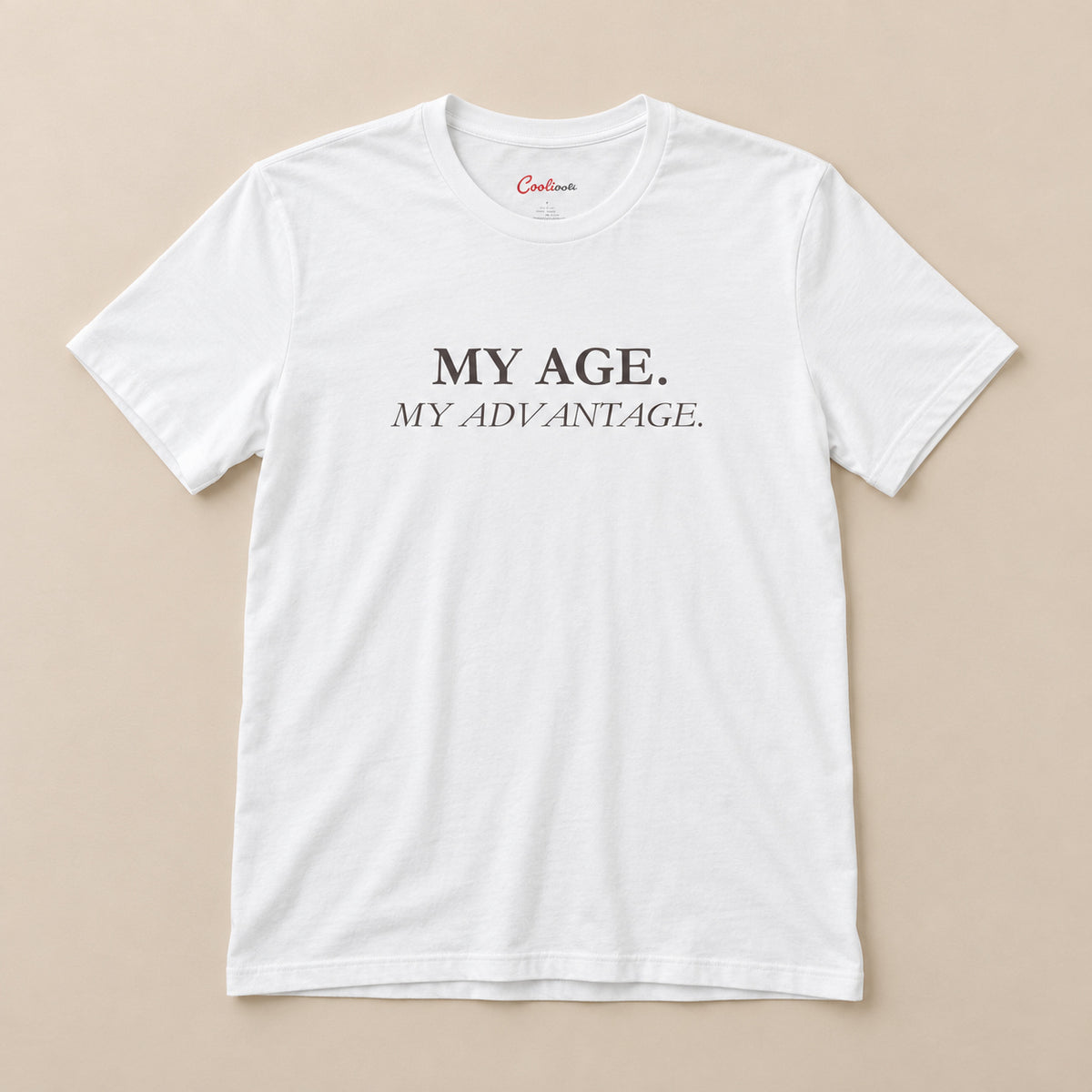 White My Age My Advantage Bella+Canvas 3001 tee, full flat lay