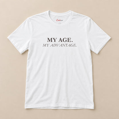 White My Age My Advantage Bella+Canvas 3001 tee, full flat lay