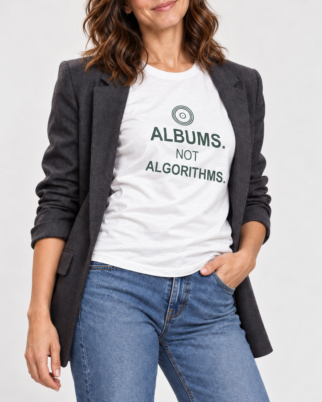 Sophie in the White ALBUMS. NOT ALGORITHMS. tee — collar-to-hip detail showing the print following the cotton's drape.