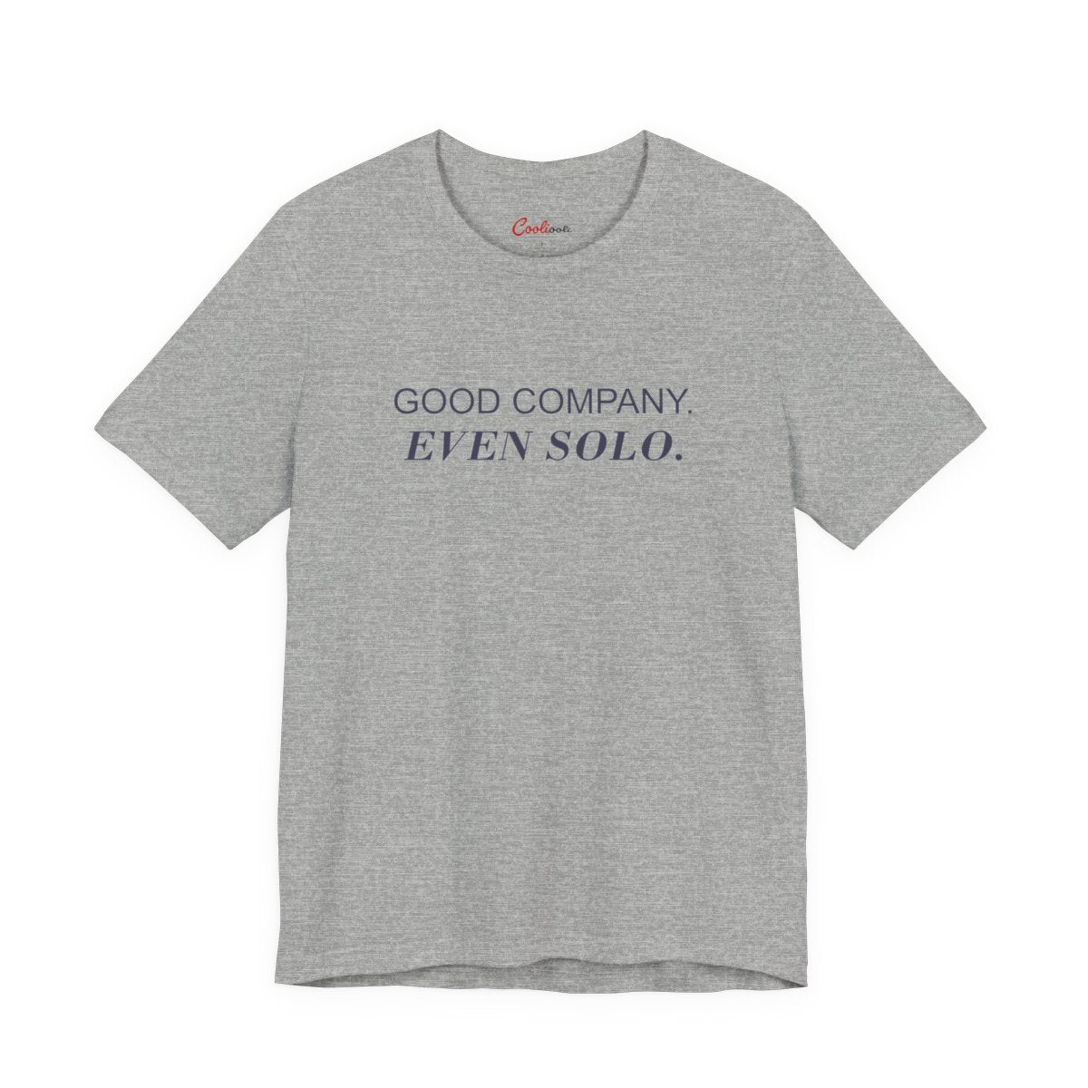 GOOD COMPANY. EVEN SOLO. Bella+Canvas 3001 tee in Athletic Heather, neat overhead front view