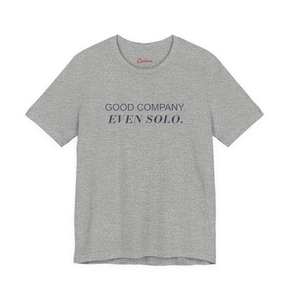 GOOD COMPANY. EVEN SOLO. Bella+Canvas 3001 tee in Athletic Heather, neat overhead front view