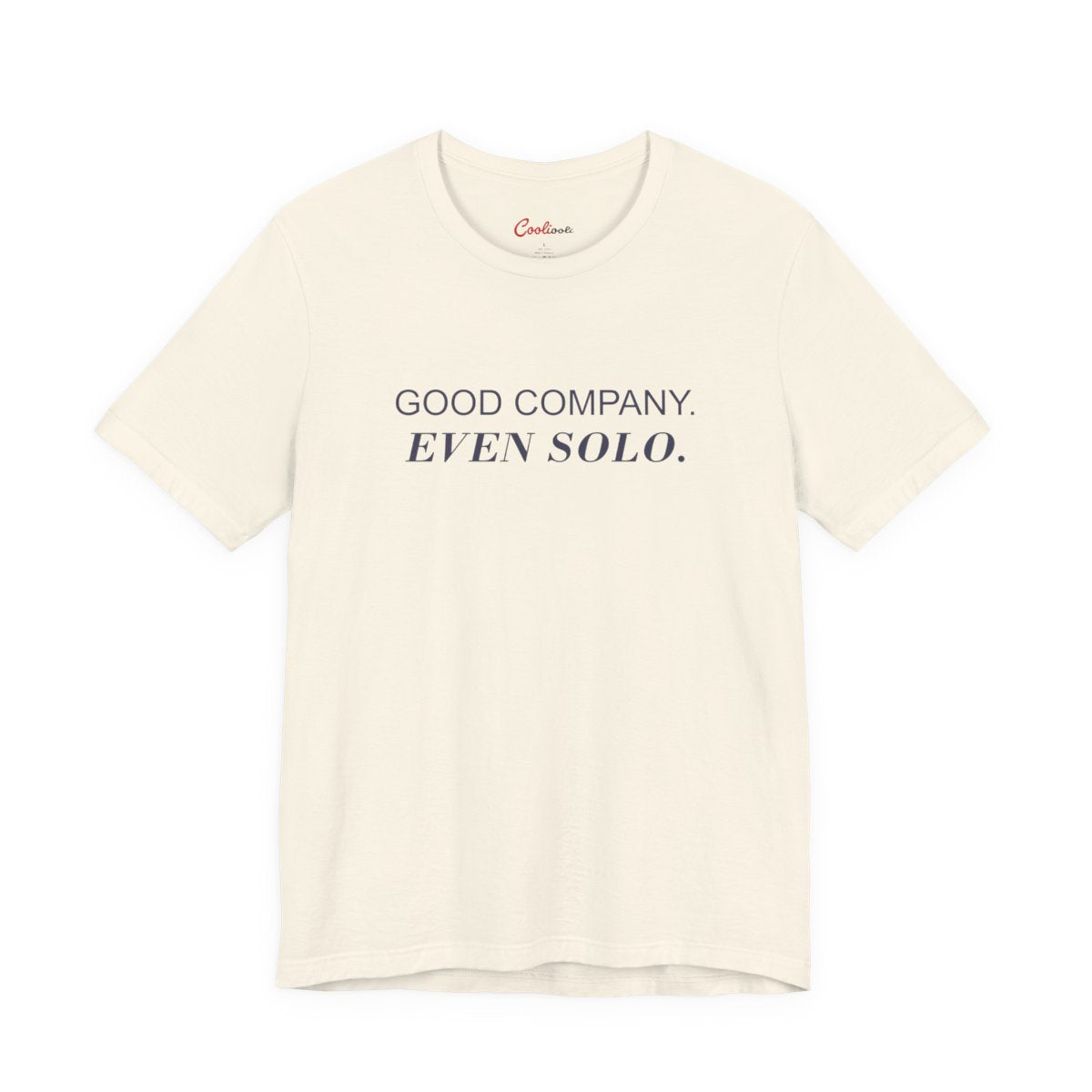 GOOD COMPANY. EVEN SOLO. Bella+Canvas 3001 tee in Natural, neat overhead front view