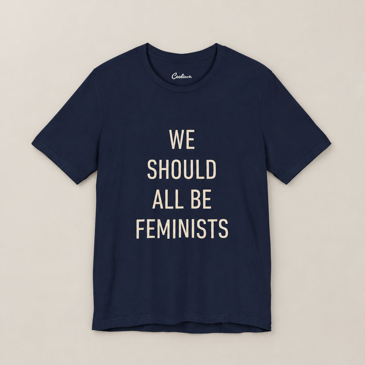 We Should All Be Feminists Bella+Canvas 3001 T-shirt in Navy, front flat lay.