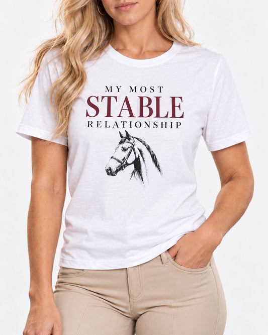 Collar-to-hip detail of Chloe wearing the White My Most Stable Relationship Bella+Canvas 3001 tee, with printed horse artwork following the fabric