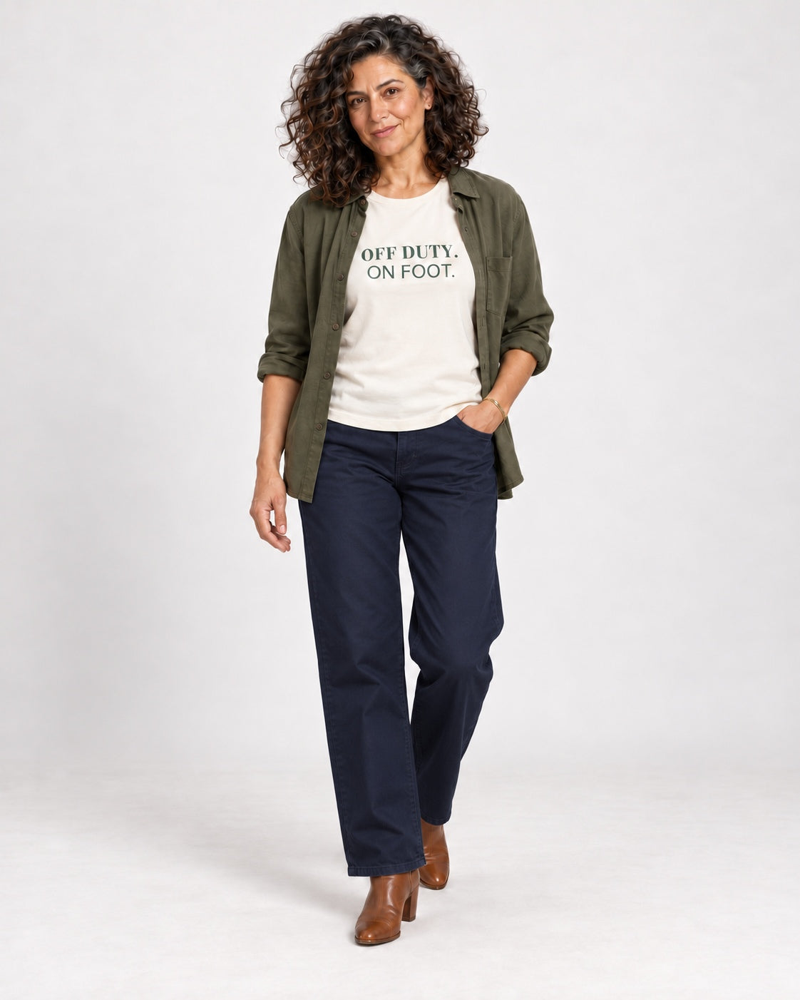 Leila wearing the Natural OFF DUTY. ON FOOT. Bella+Canvas 3001 tee — full-length natural studio outfit