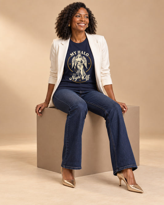 Amara wearing the Navy Heaven Can Leave a Message. Bella+Canvas crew-neck tee in a styled professional studio photograph