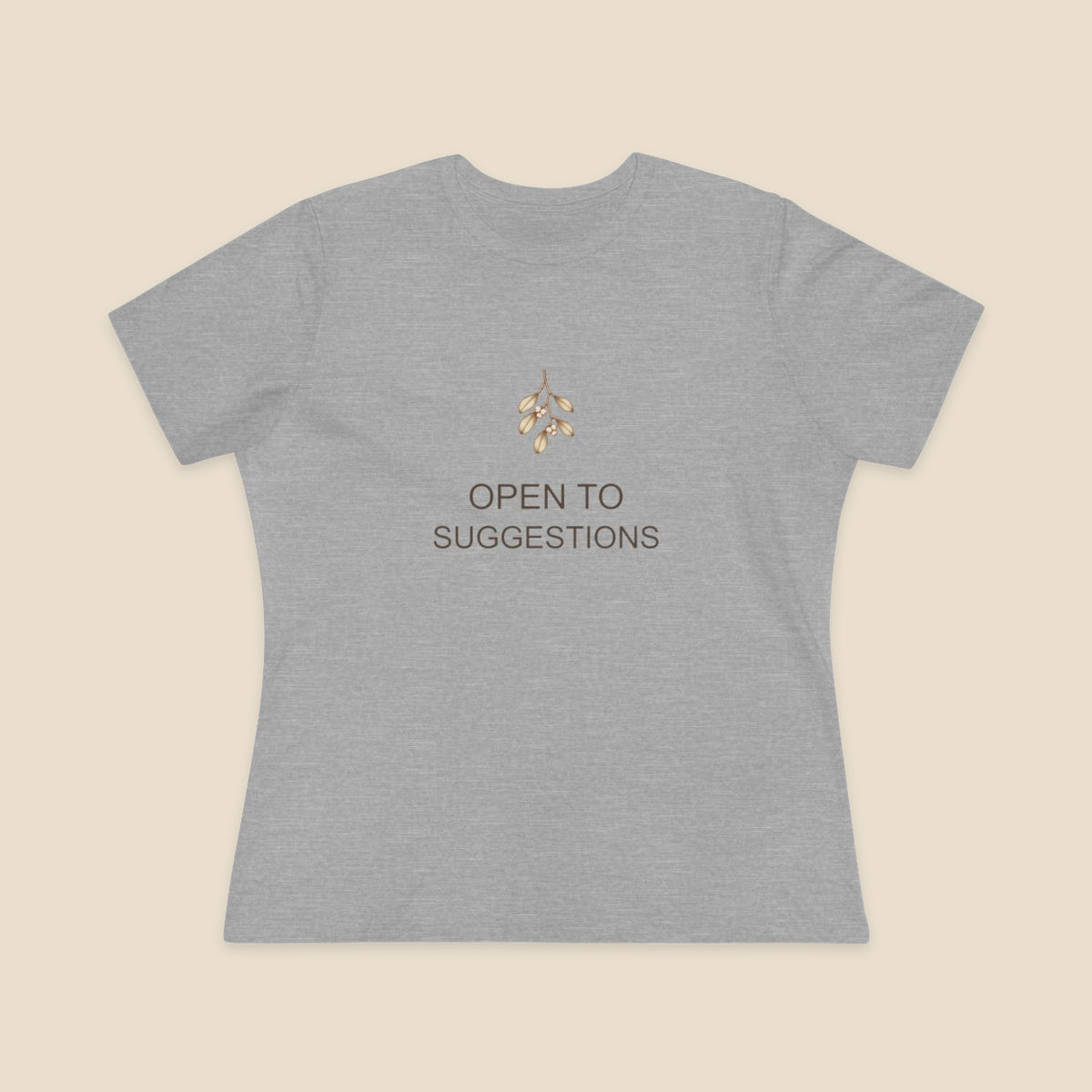 The Hint Is Hanging women's relaxed-fit Bella+Canvas 6400 tee in Athletic Heather, with mistletoe and OPEN TO SUGGESTIONS artwork.