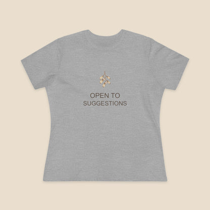 The Hint Is Hanging women's relaxed-fit Bella+Canvas 6400 tee in Athletic Heather, with mistletoe and OPEN TO SUGGESTIONS artwork.