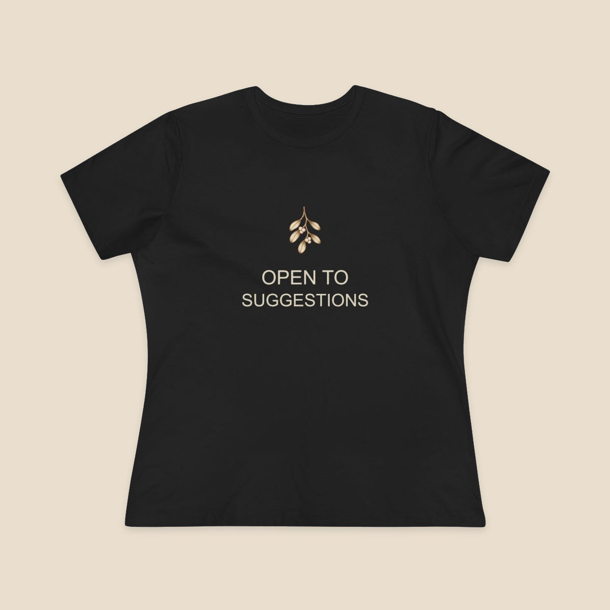 The Hint Is Hanging women's relaxed-fit Bella+Canvas 6400 tee in Black, with mistletoe and OPEN TO SUGGESTIONS artwork.