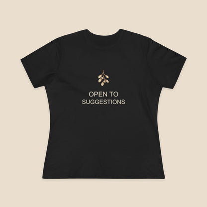The Hint Is Hanging women's relaxed-fit Bella+Canvas 6400 tee in Black, with mistletoe and OPEN TO SUGGESTIONS artwork.