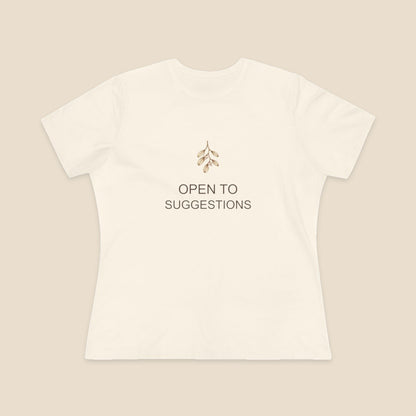 The Hint Is Hanging women's relaxed-fit Bella+Canvas 6400 tee in Natural, with mistletoe and OPEN TO SUGGESTIONS artwork.