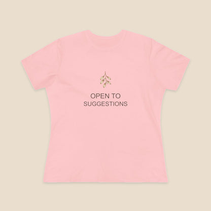 The Hint Is Hanging women's relaxed-fit Bella+Canvas 6400 tee in Printify Pink, with mistletoe and OPEN TO SUGGESTIONS artwork.