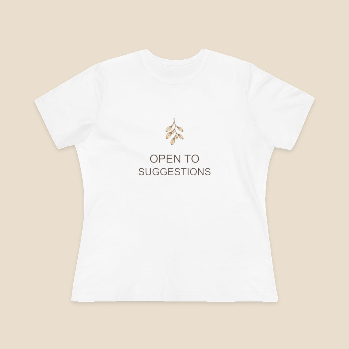 The Hint Is Hanging women's relaxed-fit Bella+Canvas 6400 tee in White, with mistletoe and OPEN TO SUGGESTIONS artwork.
