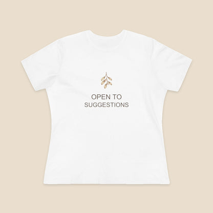The Hint Is Hanging women's relaxed-fit Bella+Canvas 6400 tee in White, with mistletoe and OPEN TO SUGGESTIONS artwork.