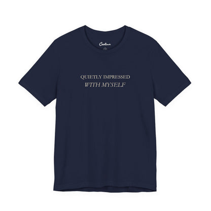 Quietly Impressed With Myself Bella+Canvas 3001 T-shirt in Navy, full front supplier flat lay.