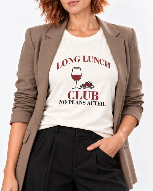 Collar-to-hip detail of Sienna wearing the Natural Long Lunch Club Bella+Canvas 3001 tee, with printed artwork following the fabric
