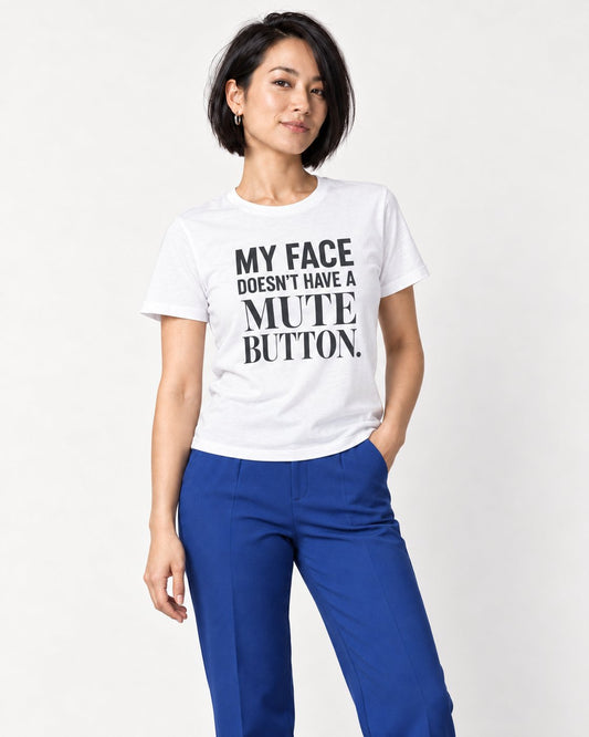 Mina wearing the White My Face Has No Mute Button Bella+Canvas 3001 tee — natural studio portrait