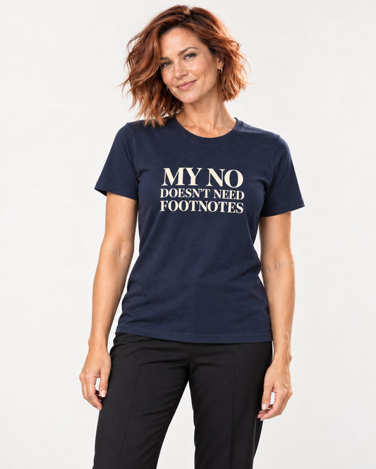 Sienna wearing the Navy No Means No. Conversation Over. Bella+Canvas 3001 tee — natural studio portrait
