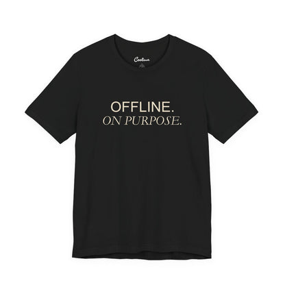 OFFLINE. ON PURPOSE. Bella+Canvas 3001 T-shirt in Black, front view.