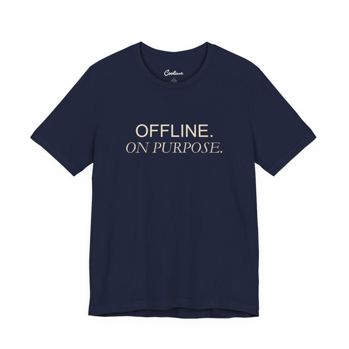 OFFLINE. ON PURPOSE. Bella+Canvas 3001 T-shirt in Navy, front view.