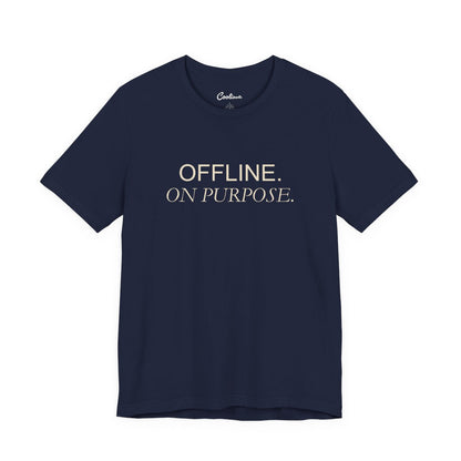 OFFLINE. ON PURPOSE. Bella+Canvas 3001 T-shirt in Navy, front view.