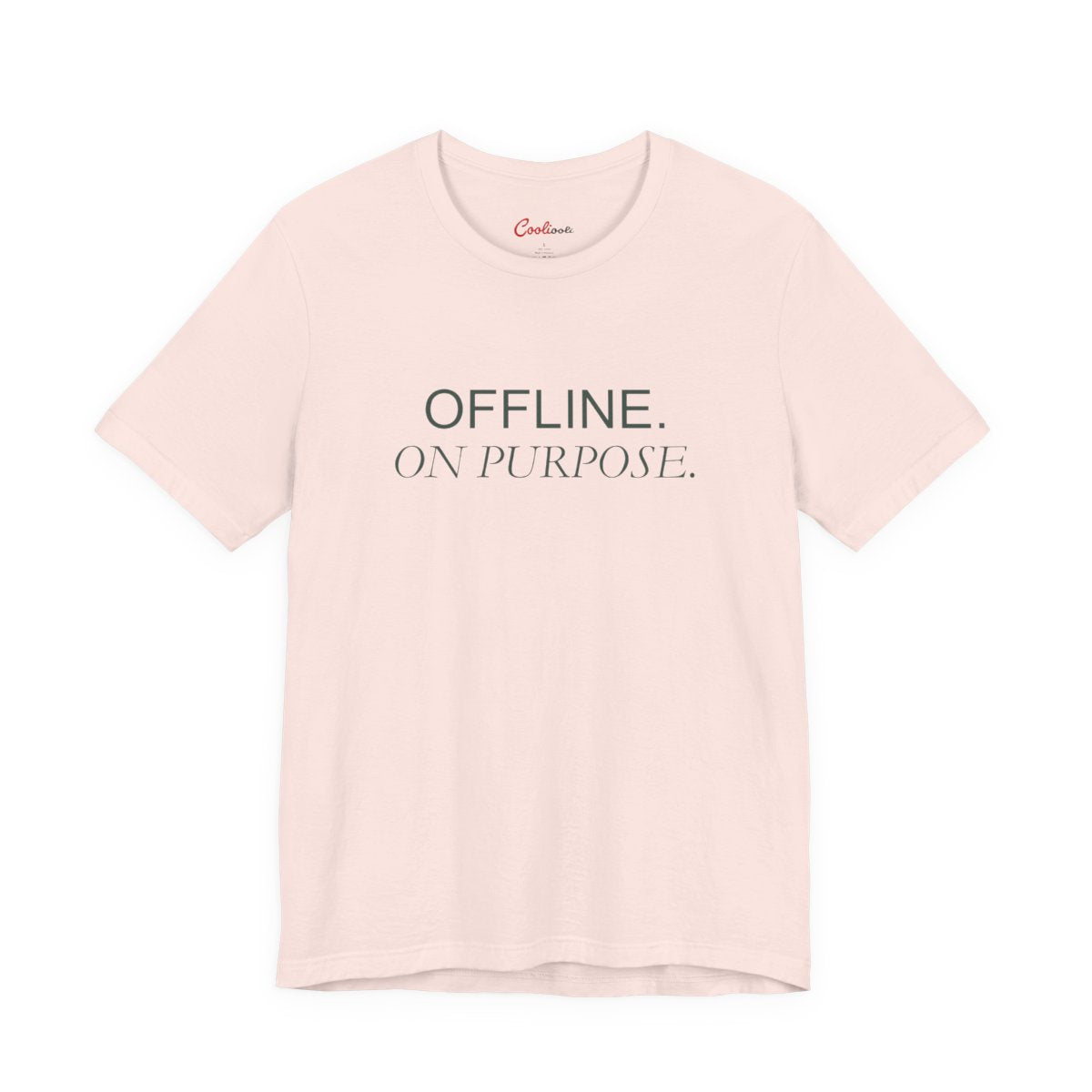 OFFLINE. ON PURPOSE. Bella+Canvas 3001 T-shirt in Soft Pink, front view.