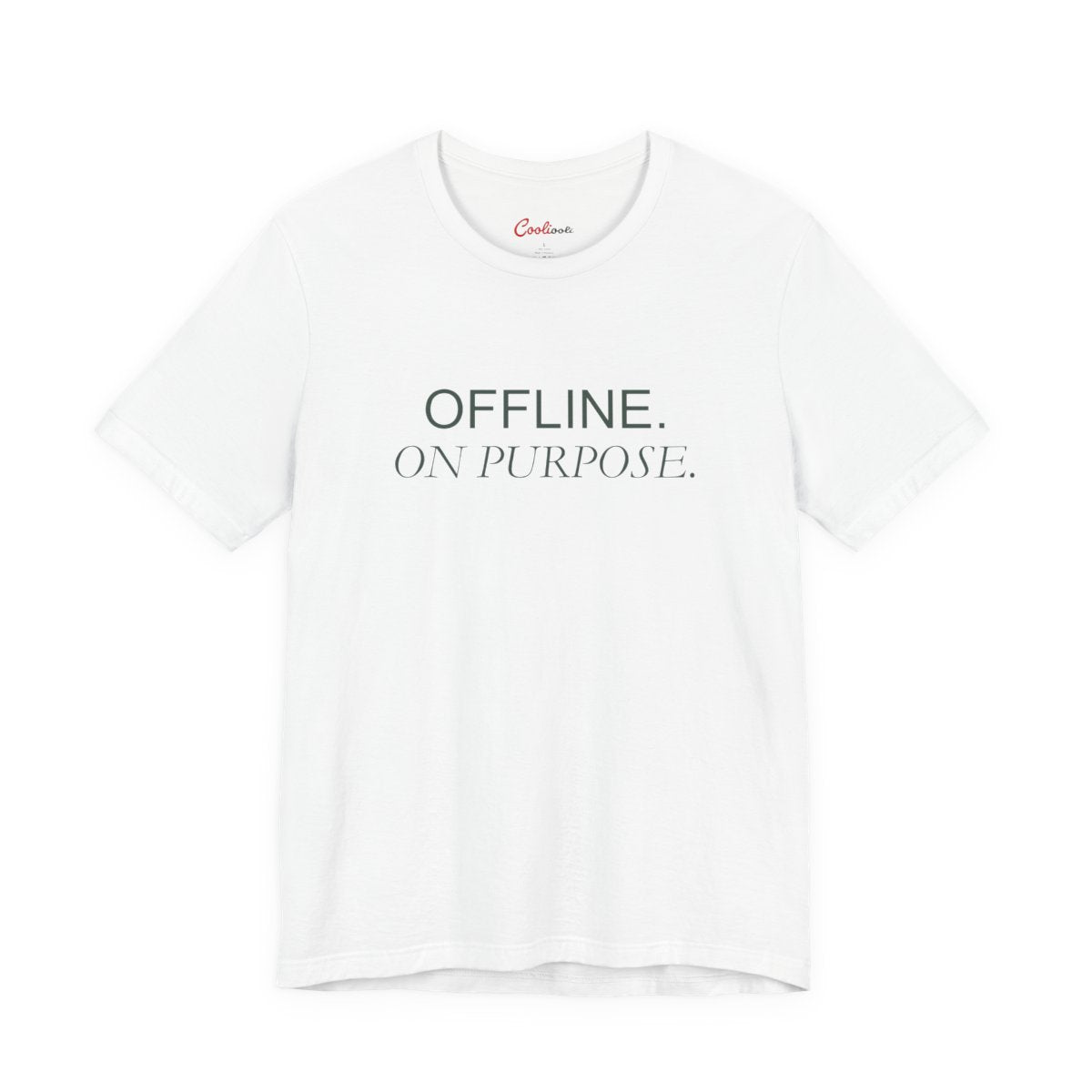 OFFLINE. ON PURPOSE. Bella+Canvas 3001 T-shirt in White, front view.