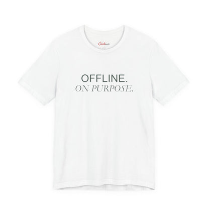 OFFLINE. ON PURPOSE. Bella+Canvas 3001 T-shirt in White, front view.